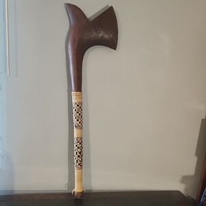 Vintage Fijian Cali War Club Handcrafted Wooden Axe with Woven Handle